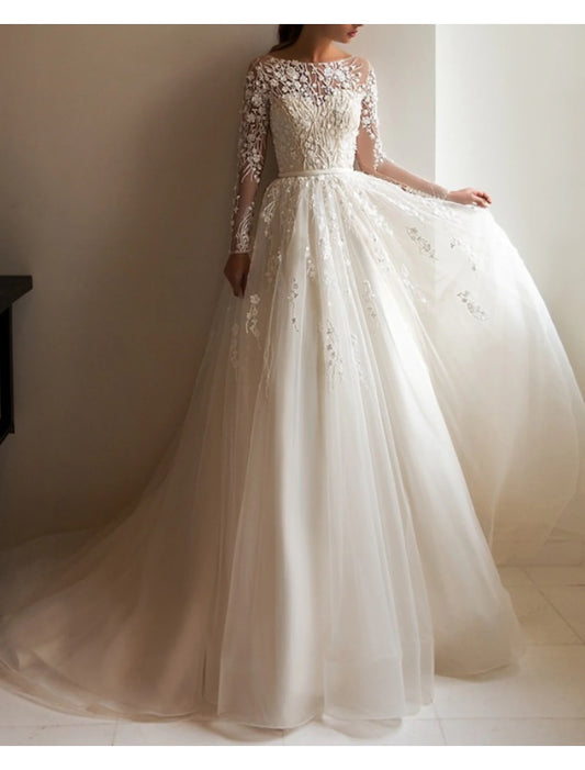 Engagement Formal Fall Wedding Dresses A-Line Illusion Neck Long Sleeve Court Train Lace Bridal Gowns With Appliques