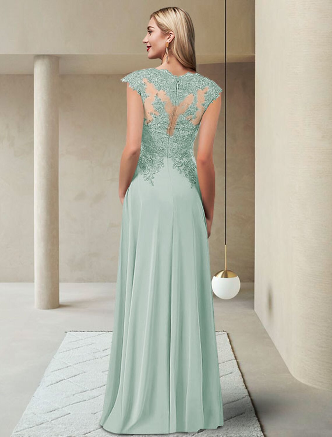 Sheath / Column Mother of the Bride Dress Elegant Jewel Neck Floor Length Chiffon Lace Short Sleeve with Pleats Appliques