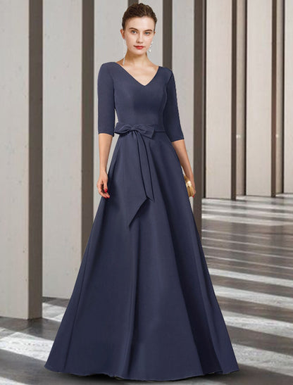 Sheath / Column Mother of the Bride Dress Elegant V Neck Floor Length Stretch Chiffon Half Sleeve with Bow(s) Pleats