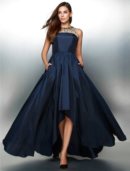 A-Line Elegant High Low Prom Formal Evening Dress Illusion Neck Sleeveless Asymmetrical Taffeta with Pleats Beading