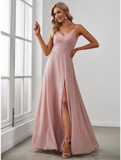 A-Line Bridesmaid Dress V Neck Sleeveless Elegant Floor Length Chiffon with Draping