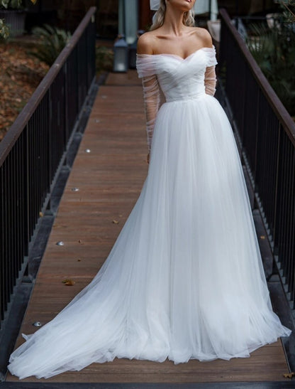 Hall Casual Wedding Dresses A-Line Off Shoulder Long Sleeve Court Train Satin Bridal Gowns With Sash / Ribbon