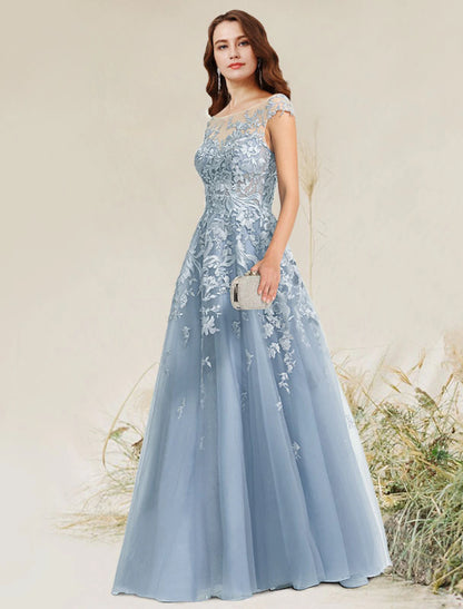 A-Line Empire Elegant Party Wear Formal Evening Dress Jewel Neck Sleeveless Floor Length Lace with Appliques