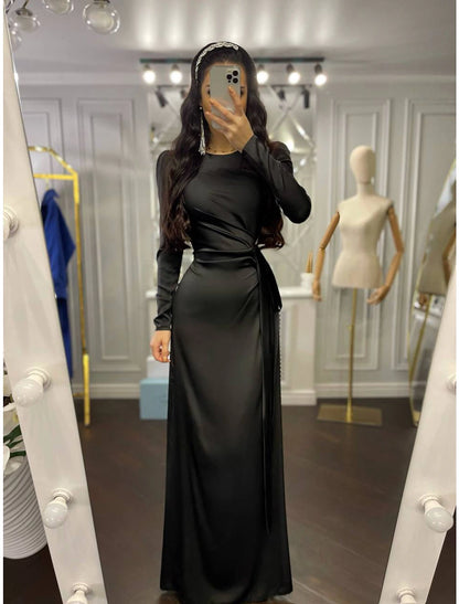 Sheath / Column Evening Gown Elegant Dress Wedding Guest Fall Floor Length Long Sleeve High Neck Bridesmaid Dress Satin with Ruched