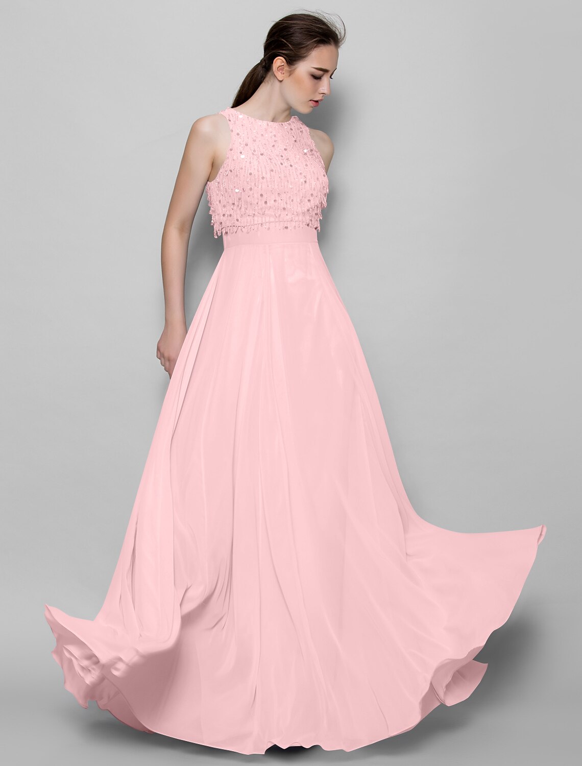 A-Line Bridesmaid Dress Jewel Neck Sleeveless Sparkle & Shine Floor Length Chiffon with Beading / Sequin