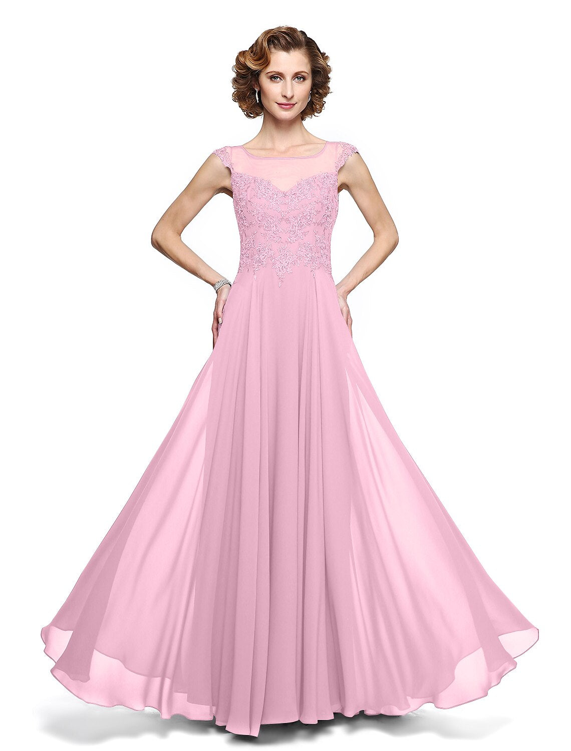 A-Line Mother of the Bride Dress Elegant Jewel Neck Ankle Length Chiffon Lace Sleeveless with Appliques