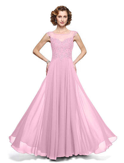 A-Line Mother of the Bride Dress Elegant Jewel Neck Ankle Length Chiffon Lace Sleeveless with Appliques