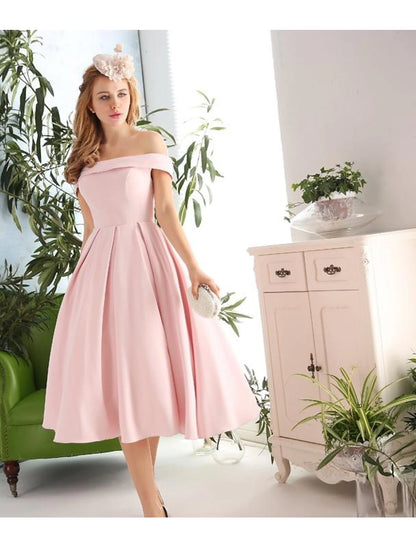 A-Line Cocktail Dresses Vintage Dress Engagement Cocktail Party Tea Length Sleeveless Off Shoulder Stretch Fabric with Pleats