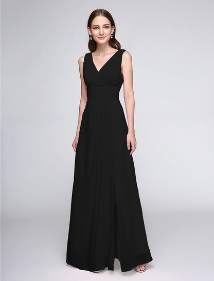 Sheath / Column Bridesmaid Dress V Neck Sleeveless Elegant Floor Length Chiffon with Criss Cross / Ruched