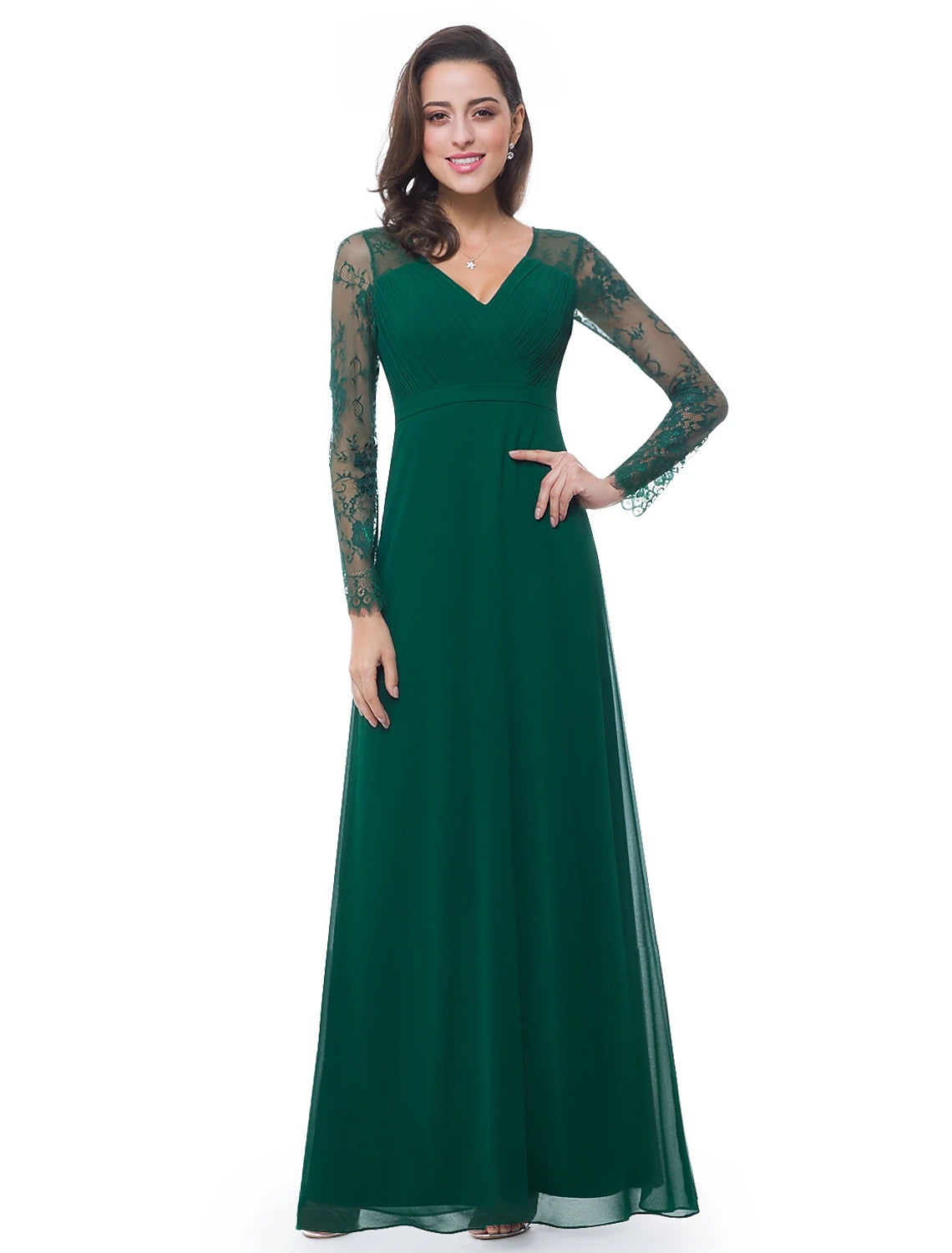 A-Line Evening Gown Elegant Dress Wedding Guest Formal Evening Floor Length Long Sleeve V Neck Chiffon with Sash / Ribbon Ruched Lace