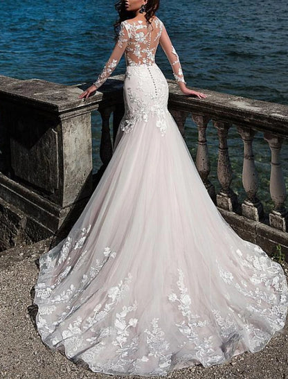 Beach Formal Wedding Dresses Mermaid / Trumpet Jewel Neck Long Sleeve Court Train Lace Bridal Gowns With Embroidery Appliques