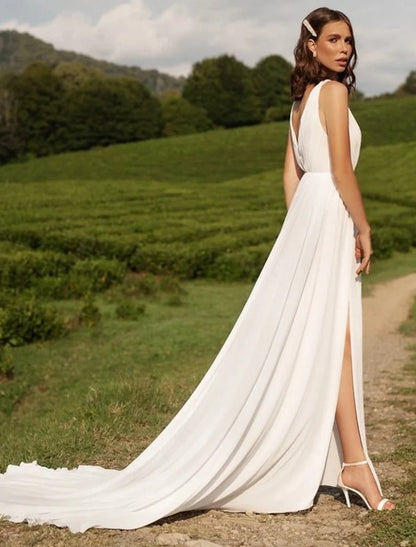 Reception Sexy Casual Wedding Dresses A-Line V Neck Sleeveless Court Train Chiffon Bridal Gowns With Split Front Solid