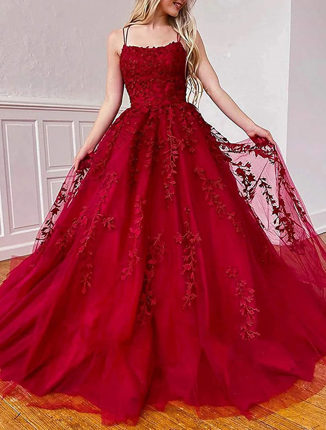 A-Line Prom Dresses Floral Dress Formal Wedding Guest Chapel Train Sleeveless Spaghetti Strap Tulle with Appliques