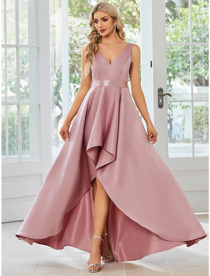 A-Line Wedding Guest Dresses Casual Dress Party Wear Wedding Party Asymmetrical Sleeveless V Neck Satin with Ruffles