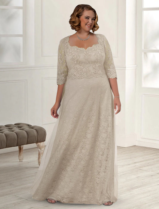 A-Line Mother of the Bride Dress Plus Size Elegant Jewel Neck Floor Length Lace Half Sleeve with Appliques