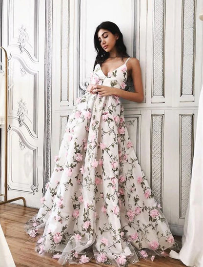 A-Line Prom Dresses Floral Dress Formal Wedding Party Floor Length Sleeveless V Neck Lace with Floral Print