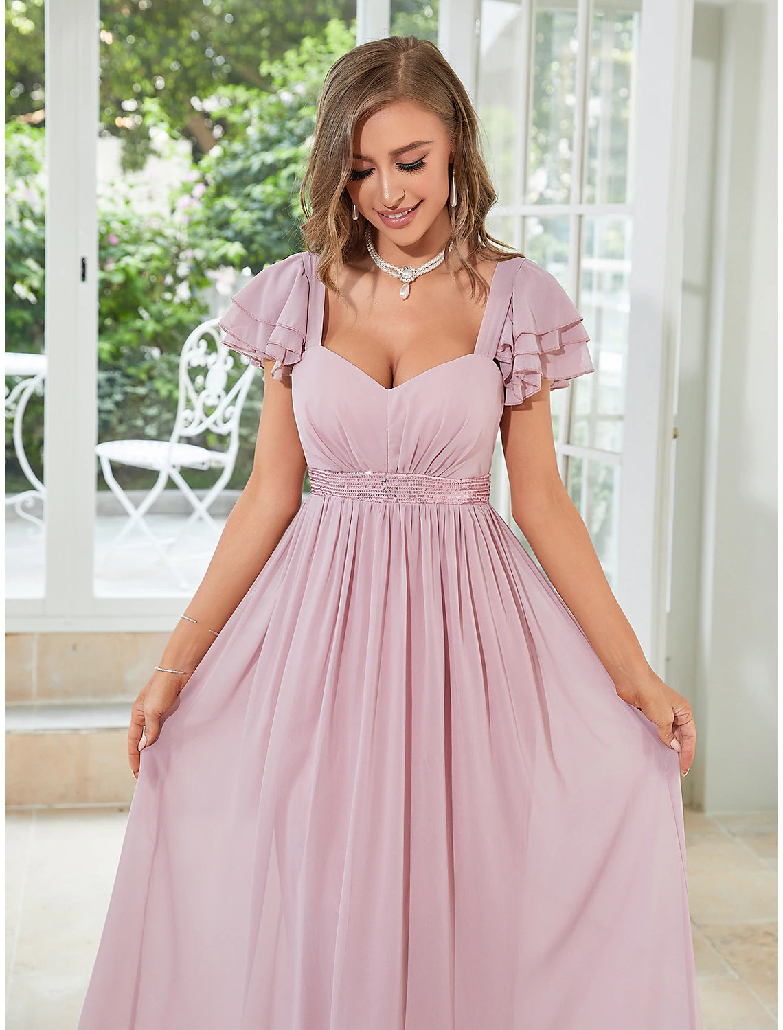 A-Line Wedding Guest Dresses Elegant Dress Party Wear Wedding Party Floor Length Short Sleeve Square Neck Chiffon with Ruffles