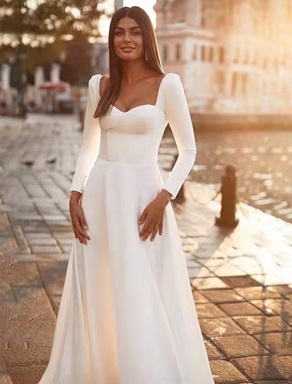 Reception Royal Style Casual Wedding Dresses A-Line Sweetheart Long Sleeve Sweep / Brush Train Satin Bridal Gowns With Solid