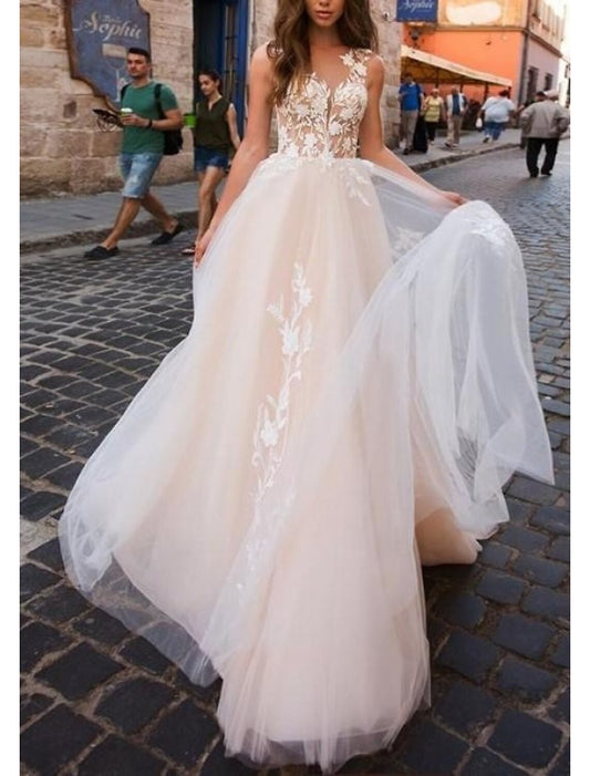 Beach Open Back Sexy Wedding Dresses A-Line V Neck Sleeveless Court Train Lace Bridal Gowns With Appliques Wedding Party