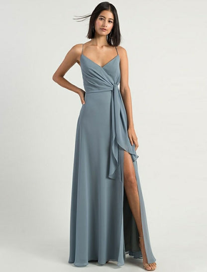 A-Line Bridesmaid Dress Spaghetti Strap Sleeveless Open Back Floor Length Chiffon with Split