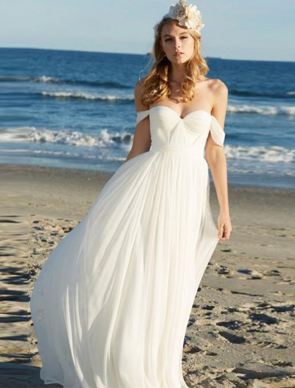 Beach Sexy Boho Wedding Dresses A-Line Off Shoulder Cap Sleeve Floor Length Chiffon Bridal Gowns With Pleats Solid