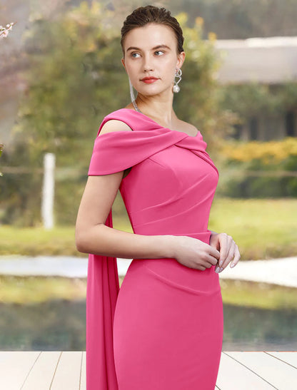 Sheath / Column Mother of the Bride Dress Wedding Guest Elegant Jewel Neck Knee Length Stretch Chiffon 3/4 Length Sleeve with Side-Draped Fall