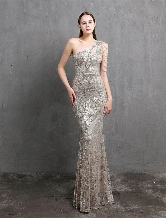 Mermaid / Trumpet Evening Gown Sparkle & Shine Dress Formal Wedding Guest Floor Length Short Sleeve One Shoulder Sequined with Sequin