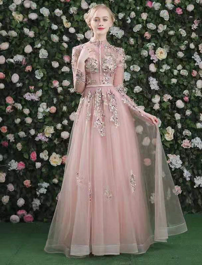 A-Line Cut Out Floral Prom Formal Evening Dress High Neck Long Sleeve Floor Length Organza with Embroidery