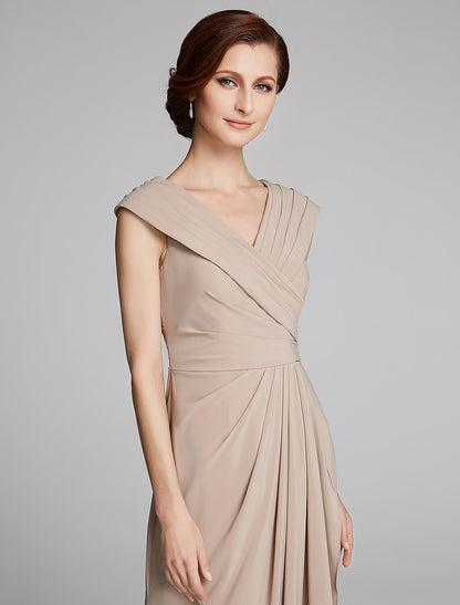 Sheath / Column Mother of the Bride Dress Elegant V Neck Floor Length Jersey Short Sleeve with Pleats