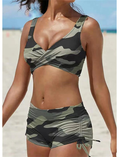 Women's Swimwear Bikini 2 Piece Plus Size Swimsuit Ruched Backless 2 Piece Open Back Slim Camouflage Pure Color Orange Padded V Wire Bathing Suits New Vacation Fashion