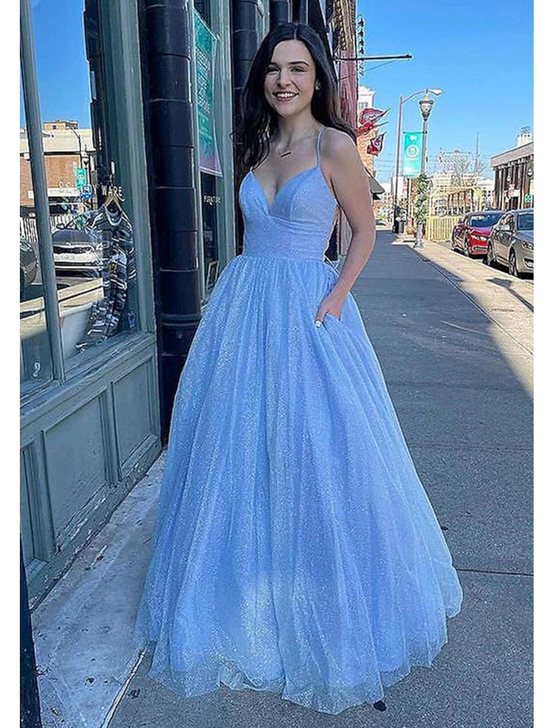 Ball Gown A-Line Prom Dresses Sparkle & Shine Dress Formal Prom Floor Length Sleeveless V Neck Tulle Backless with Pleats