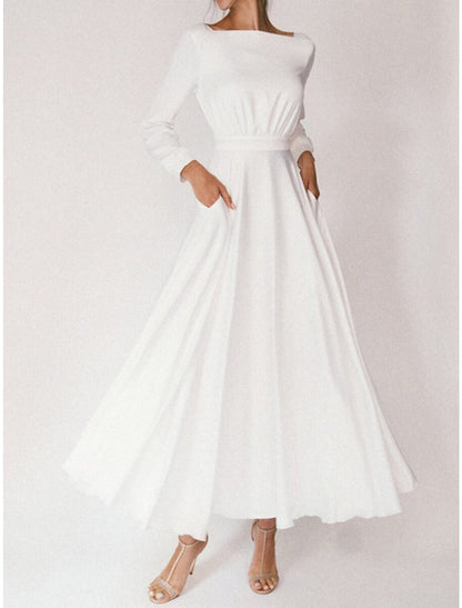 Bridal Shower Casual Wedding Dresses Little White Dresses A-Line Square Neck Long Sleeve Ankle Length Chiffon Bridal Gowns With Pleats Summer Fall Wedding Party