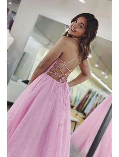 Ball Gown A-Line Prom Dresses Glittering Dress Formal Prom Floor Length Sleeveless V Neck Tulle Backless with Pleats