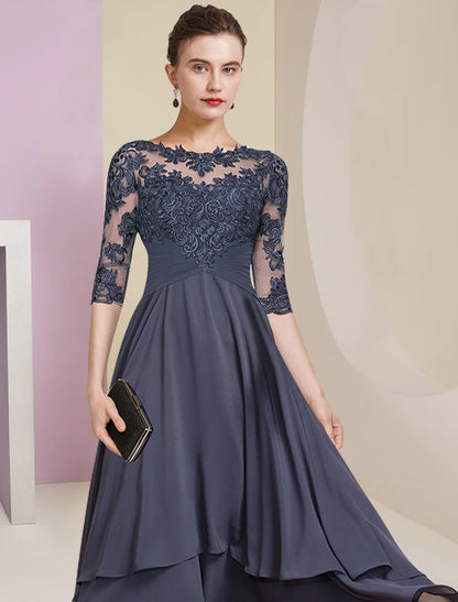 Sheath / Column Mother of the Bride Dress Wedding Guest Party Elegant High Low Jewel Neck Asymmetrical Chiffon Lace Half Sleeve with Pleats Solid