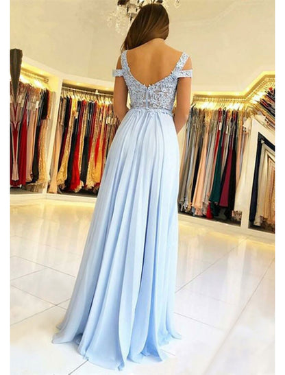 A-Line Empire Prom Formal Evening Dress V Neck Short Sleeve Floor Length Chiffon with Appliques