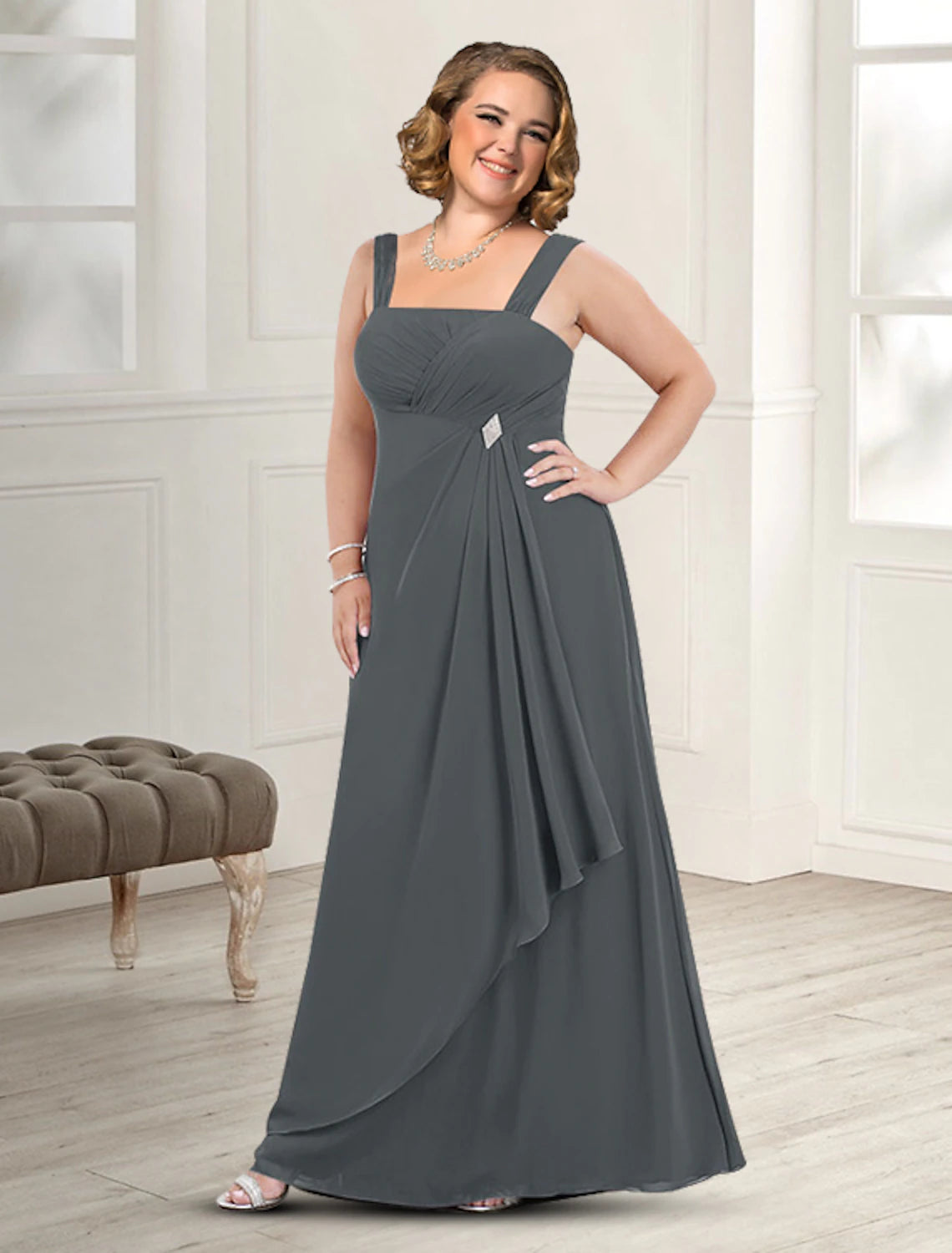 Two Piece A-Line Mother of the Bride Dress Fall Wedding Guest Dresses Plus Size Elegant Square Neck Floor Length Chiffon Sleeveless Jacket Dresses with Pleats