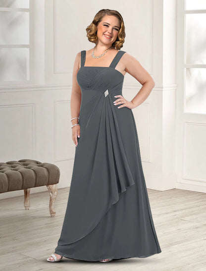 Two Piece A-Line Mother of the Bride Dress Fall Wedding Guest Dresses Plus Size Elegant Square Neck Floor Length Chiffon Sleeveless Jacket Dresses with Pleats