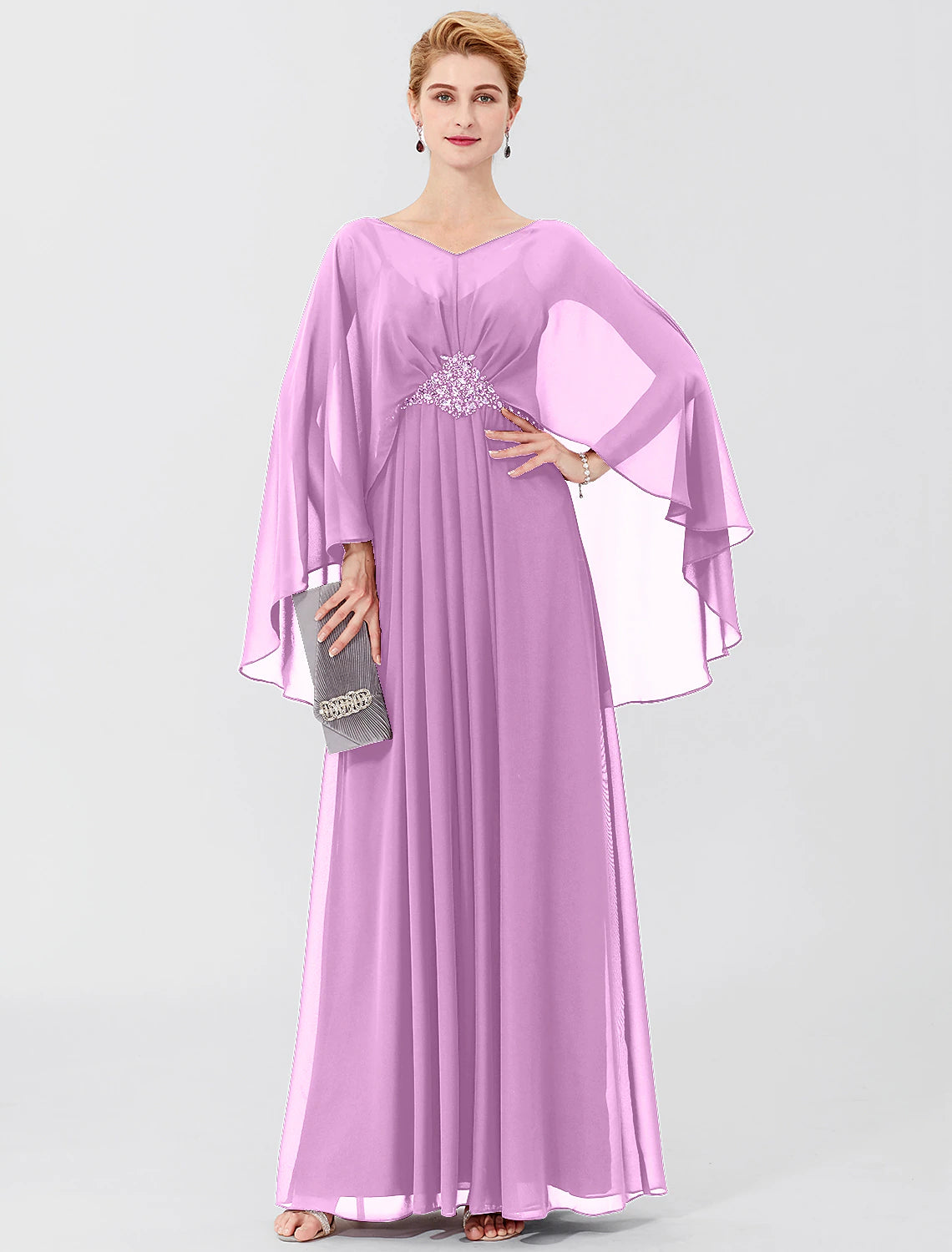 Sheath / Column Mother of the Bride Dress Formal Classic & Timeless Elegant & Luxurious Elegant V Neck Floor Length Chiffon Long Sleeve with Pleats Beading