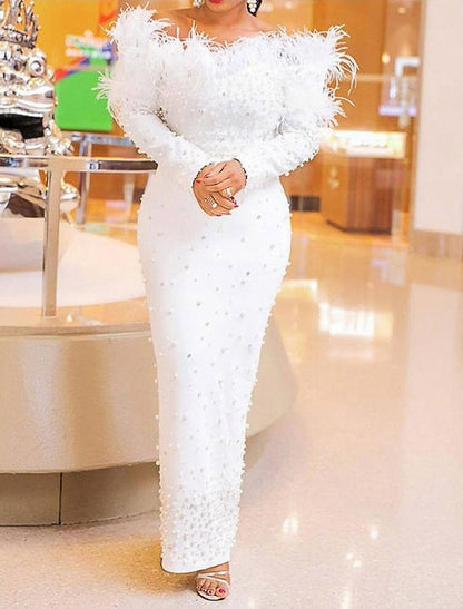 Bridal Shower Sparkle & Shine Little White Dresses Sexy Wedding Dresses Sheath / Column Off Shoulder Long Sleeve Ankle Length Sequined Bridal Gowns With Feathers / Fur Pearls