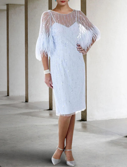 Sheath / Column Mother of the Bride Dress Fall Wedding Guest Sparkle & Shine Elegant Jewel Neck Knee Length Stretch Chiffon Half Sleeve with Feather Beading Sequin