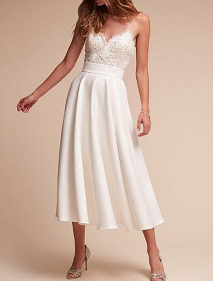 Reception Little White Dresses Wedding Dresses A-Line Sweetheart Camisole Spaghetti Strap Tea Length Satin Bridal Gowns With Lace Insert