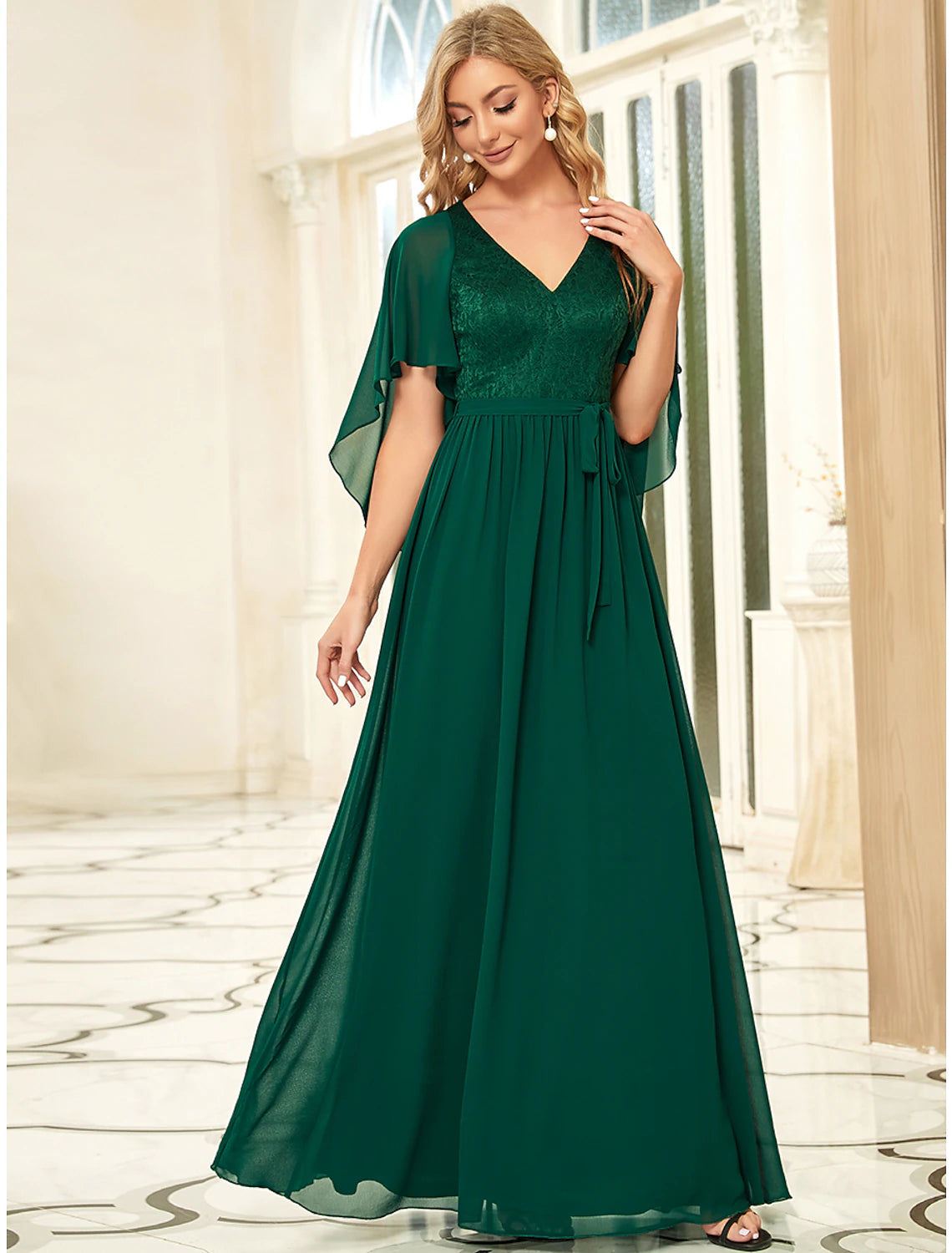 A-Line Mother of the Bride Dress Plus Size Elegant V Neck Floor Length Chiffon Tulle Half Sleeve with Sash / Ribbon