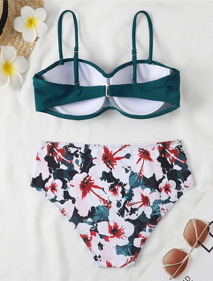 Women's Normal Swimwear Bikini 2 Piece Swimsuit 2 Piece Open Back Sexy Printing High Waisted Floral Leaves Strap Vacation Fashion Bathing Suits