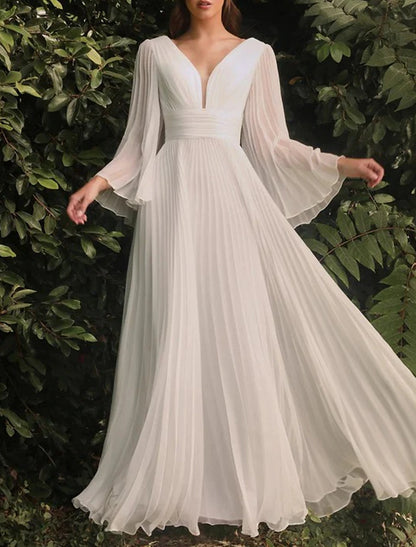 Beach Casual Wedding Dresses A-Line V Neck Long Sleeve Floor Length Chiffon Bridal Gowns With Solid Color