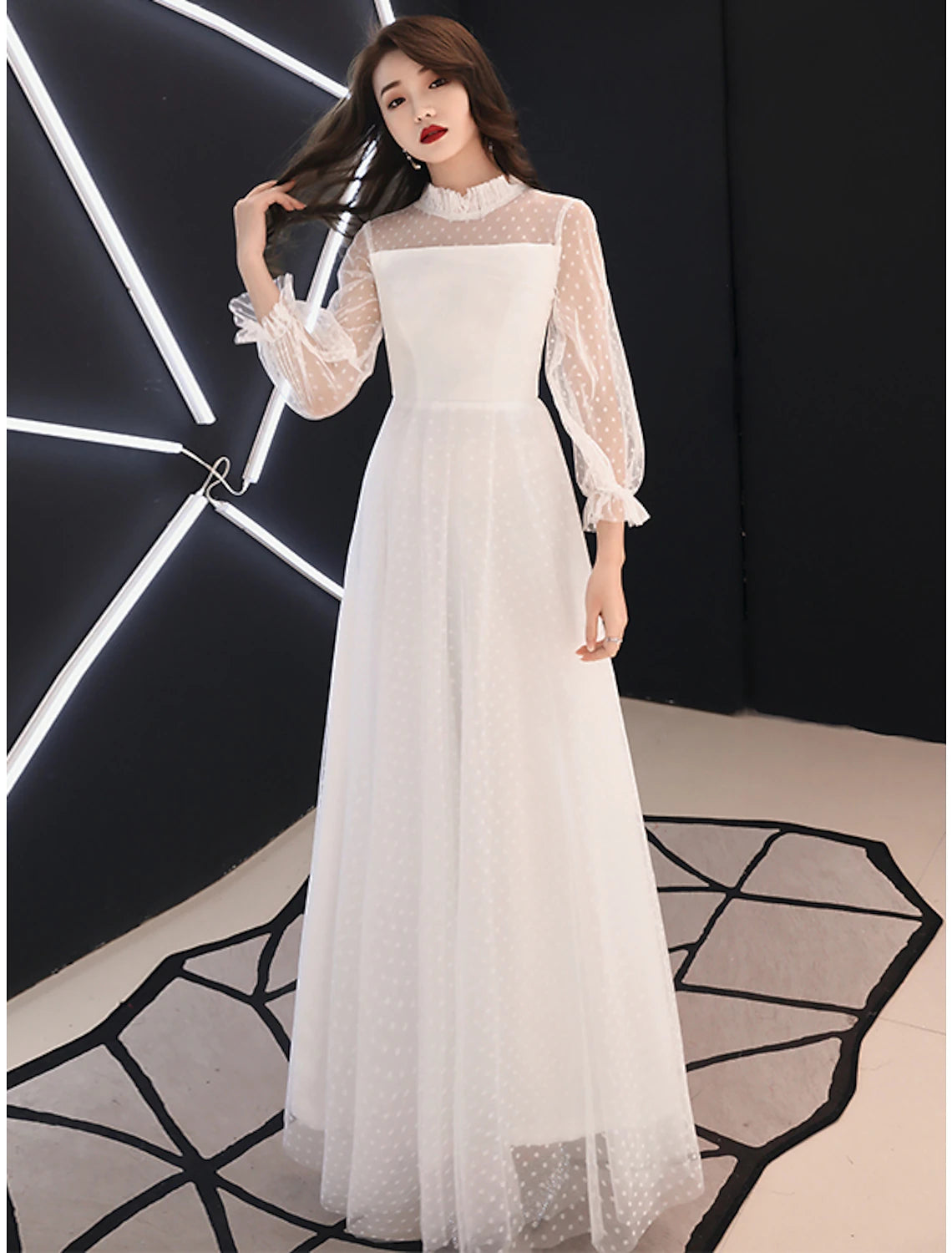 A-Line Black Dress Elegant Party Wear Prom Dress High Neck Long Sleeve Floor Length Lace with Ruffles