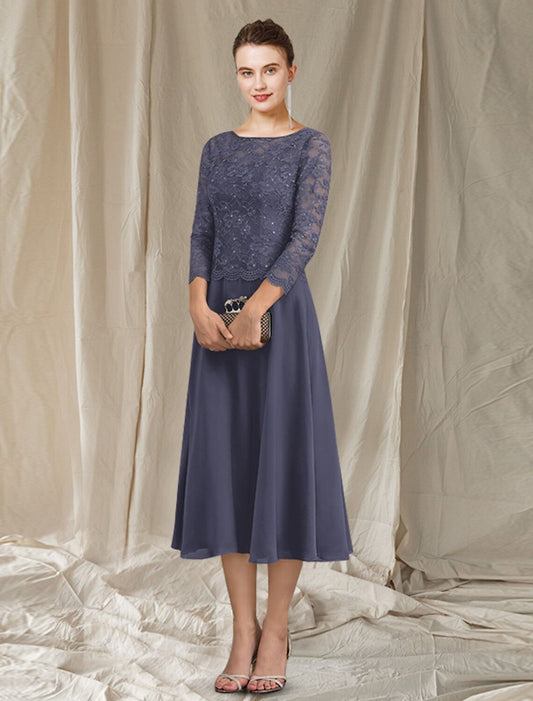 A-Line Mother of the Bride Dress Elegant Jewel Neck Tea Length Chiffon Lace 3/4 Length Sleeve with Sequin