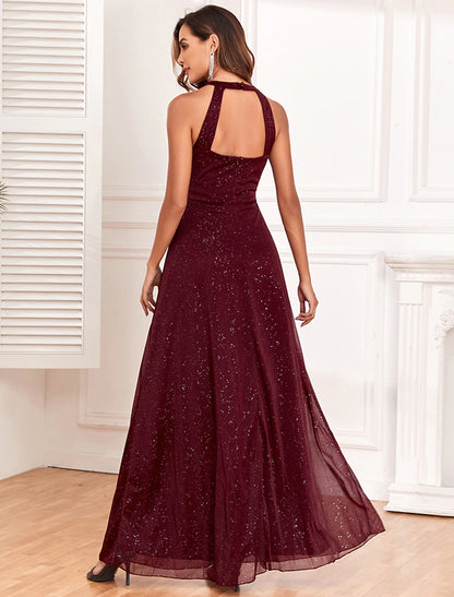 A-Line Evening Gown Empire Dress Evening Party Dress Wedding Reception Floor Length Sleeveless Halter Neck Polyester Backless V Back with Glitter