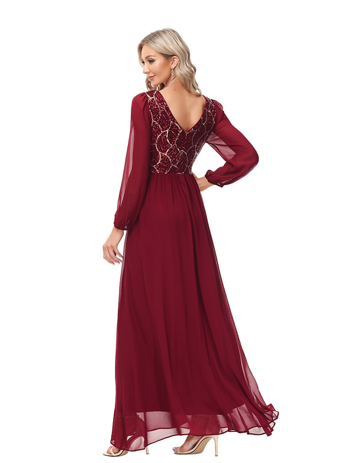 A-Line Evening Gown Empire Dress Party Wear Wedding Guest Floor Length Long Sleeve Jewel Neck Chiffon V Back with Sequin Splicing