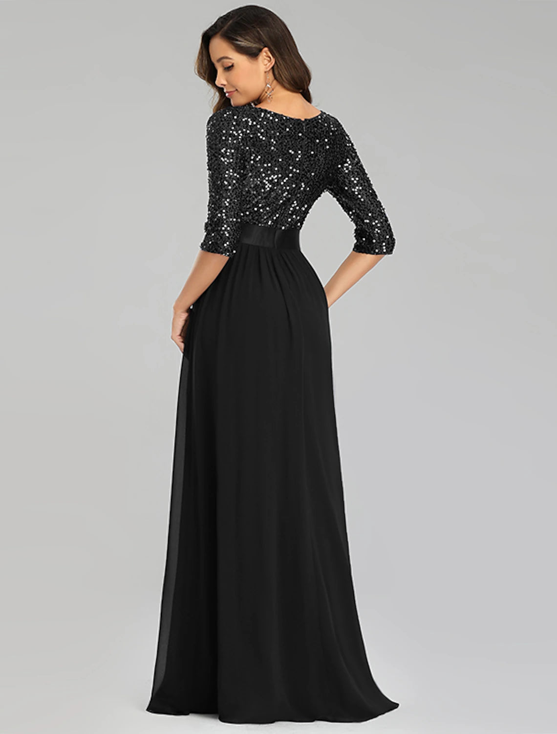 A-Line Mother of the Bride Dress Wedding Guest Plus Size Elegant Jewel Neck Floor Length Tulle Sequined 3/4 Length Sleeve with Sequin Fall