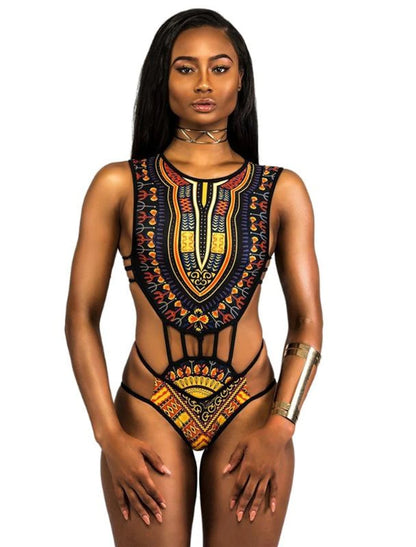 1 pcs Swimwear Bikini Swimsuits African Traditional Women's Graphic Polyester Black White One-piece Swimswuit